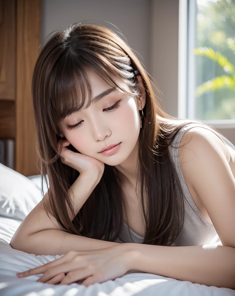 (Highest quality, 32k, High resolution, Masterpiece:1.5, ), marimo_jet, god々A photograph with brilliant dazzling and healing power., Evoking a sense of calm and elusive beauty, Expressing emotions, Have a rich imagination,Beautiful Japanese Girls, One person, ((Lying in bed:1.4)), An exceptionally beautiful face, Small Face Beauty, Perfect Human ???????, Motherhood and generosity, Deep Love, Innocent sleeping face, Close ~ eyes, Shiny brown hair, Intricately detailed long hair, Asymmetrical bangs, Hair between the eyes, Transparent, soft white skin, Sharp eyebrows, Thin lashes, Natural Makeup, Cheek highlighter, Pale pink detailed lips, , ((Grey camisole:1.2)), High resolutionの完璧な鎖骨, High resolutionの美しい胸元, Slim figure with ample breasts, High resolutionの美しい太もも, ((A bright room with morning sunlight streaming in:1.3)), ((White bed:1.3)), Professional Lighting, Professional photographer, Professional models, god秘的