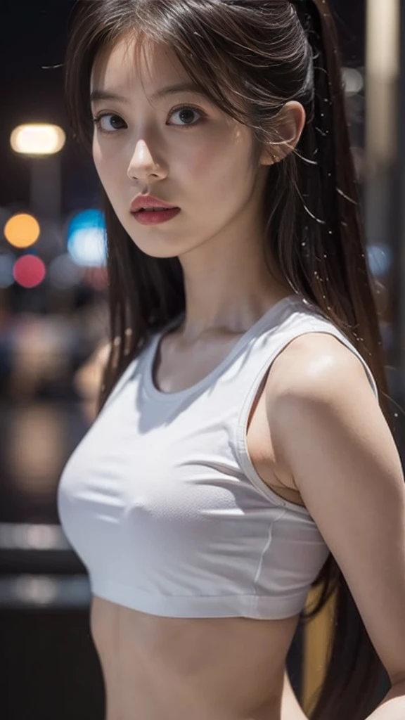 ((Realistic lighting, Highest quality, 8K, masterpiece: 1.3)), Optical focus: 1.2, One girl, Perfect figure: 1.4, Slim Abs: 1.1, ((Dark brown hair)), (White Crop Top: 1.4), (Outdoor, night: 1.1), street, Ultra-thin face, Narrow eyes, double eyelid, Perfect fitness body, Otaku-style cosplay dress, Elegant features of the chest, The perfect cosplay model body,  Sexy features revealed, Geeky and sexy fashion, Perfect facial and body details and features