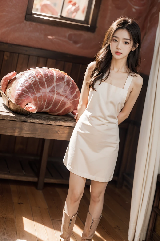 (((best quality))),(((ultra detailed))),(((masterpiece))),illustration, 1girl,female butcher,solo,slim,thin,small breasts,flat chest,apron, plainradiant face, hint of smile,slender legs,boots,standing,arms behind back,full body, gentle and innocent nature, warehouse, (The room was full filled with fresh pork:1.5), stark white walls, contrasting red and pink hues, Calm and composure, sense of warmth and humanity, natural lighting, sunlight, silhouette, delicate frame, graceful posture, unique and intriguing moment, resilience and adaptability of the human spirit,indoor