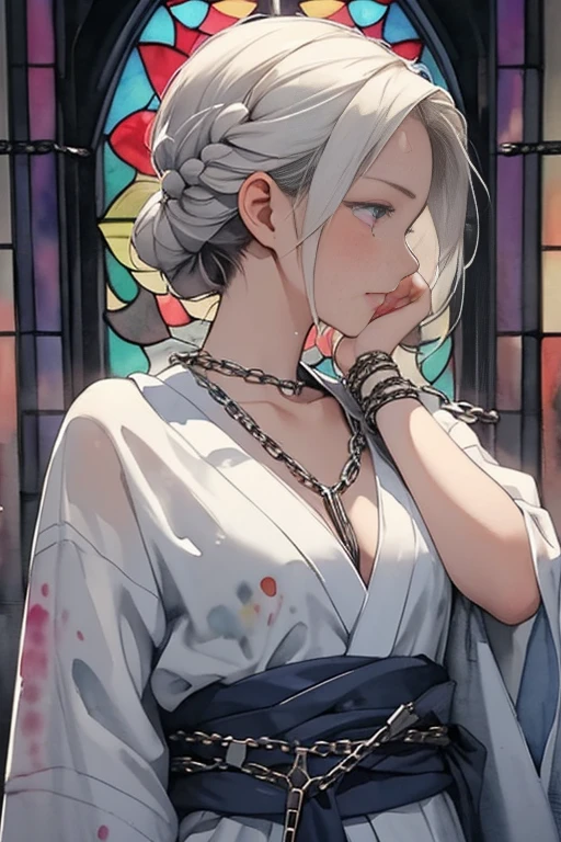 {(watercolor image:1.4),(renaissance style:1.2)}, BREAK, {erotic face,anguish,scream,(very very ecstasy:1.2),(writhing:1.4)},embarrassing,half open eye},{(very obscene pose:1.2),(arched back:1.2),(arch one's head:1.4),arms behind}, {(gray yukata:1.2), (wet clothes:1.1)}, BREAK, {(many Chains from all sides:1.4),(chains around the body:1.2), {(crotch chain shibari:1.2),(chain shibari:1.3),(chain bondage), (chain restraint),(chain bind limbs),(chain bind body),(chain in collar)):1.2, confinement, shackles}, BREAK, {(1 woman, small breasts), braid hair intricately},side view, {(dark church glowing stained glass:1.2)},BREAK,{glowing big tears,(enchanting eyes:1),extremely detail hair, (pure white skin:1.1)}
