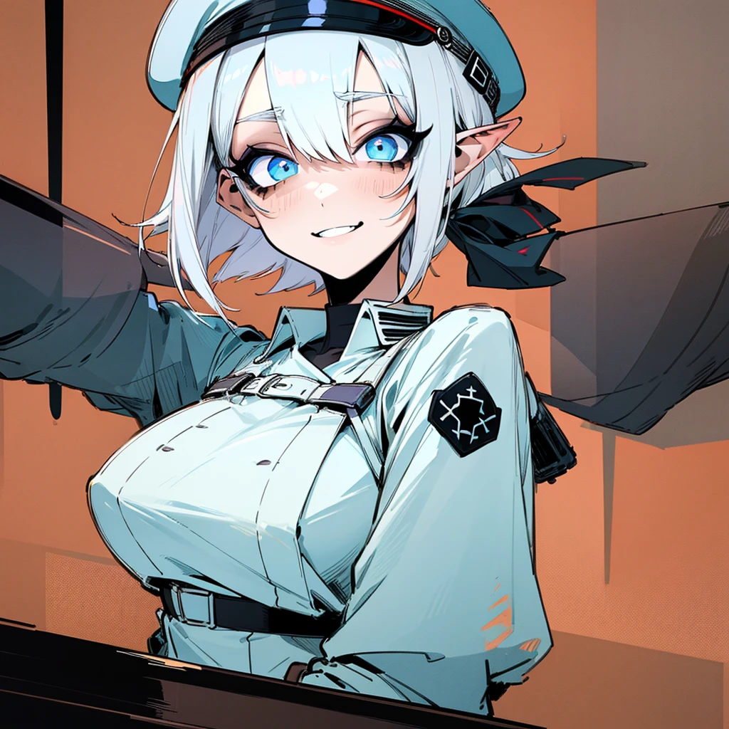(Masterpiece, Top Quality, Best Quality, Official Art, Beauty and Aesthetics: 1.2), (Flat Color: 1.3), Very Detailed, Detailed Face and Eyes, Cinematic Light, SFW, Anime, Depth of Field, 1 Girl, Solo, Official, White Hair, Elf Ears, Short Hair, Blue Eyes, Black Eye Shadow, Medium Tits, White Beret, White Trenchcoat, Military, SS Officer, Buttoned Up,Bratty, Sadistic Smile