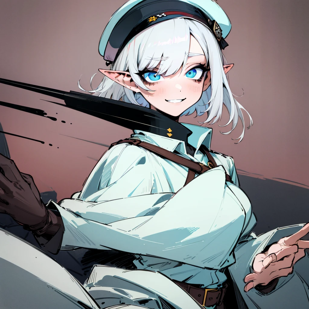(Masterpiece, Top Quality, Best Quality, Official Art, Beauty and Aesthetics: 1.2), (Flat Color: 1.3), Very Detailed, Detailed Face and Eyes, Cinematic Light, SFW, Anime, Depth of Field, 1 Girl, Solo, Official, White Hair, Elf Ears, Short Hair, Blue Eyes, Black Eye Shadow, Medium Tits, White Beret, White Trenchcoat, Military, SS Officer, Buttoned Up,Bratty, Sadistic Smile