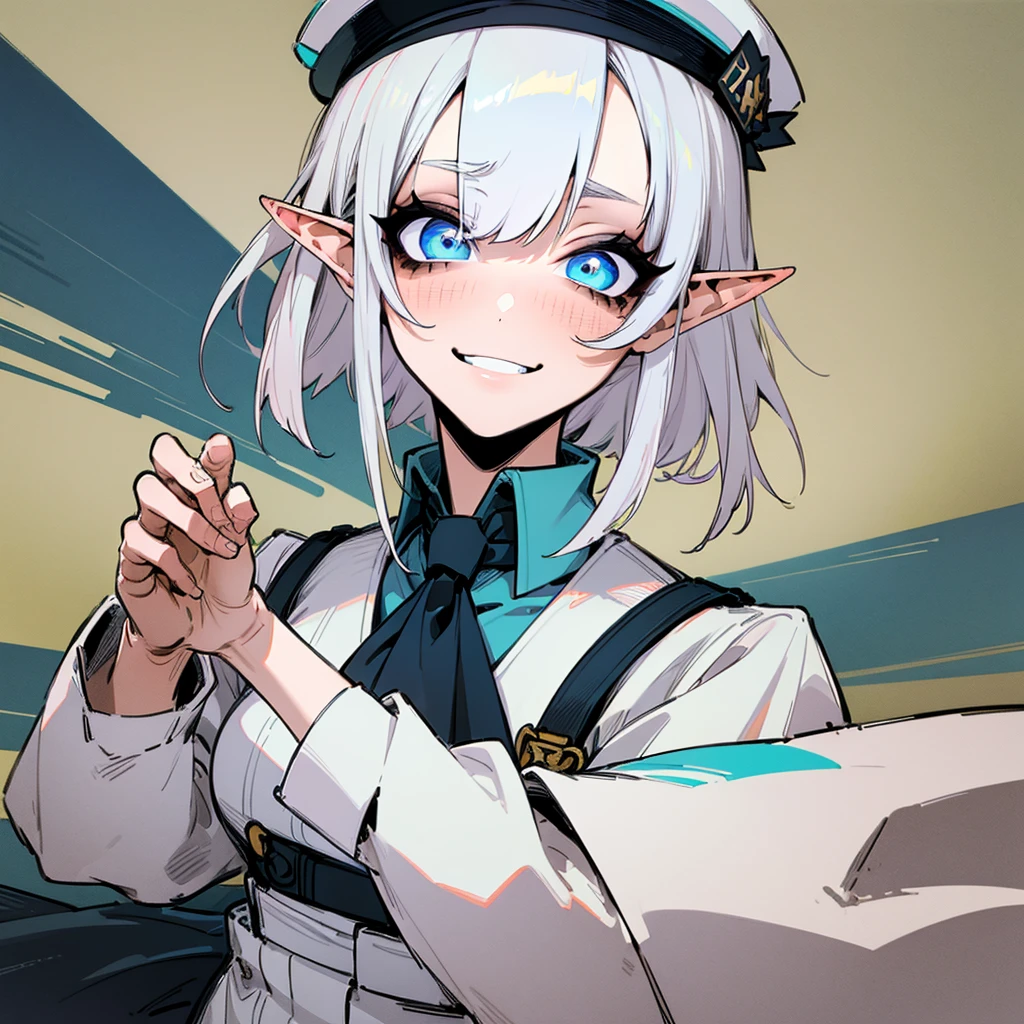 (Masterpiece, Top Quality, Best Quality, Official Art, Beauty and Aesthetics: 1.2), (Flat Color: 1.3), Very Detailed, Detailed Face and Eyes, Cinematic Light, SFW, Anime, Depth of Field, 1 Girl, Solo, Official, White Hair, Elf Ears, Short Hair, Blue Eyes, Black Eye Shadow, Medium Tits, White Beret, White Trenchcoat, Military, SS Officer, Buttoned Up,Bratty, Sadistic Smile