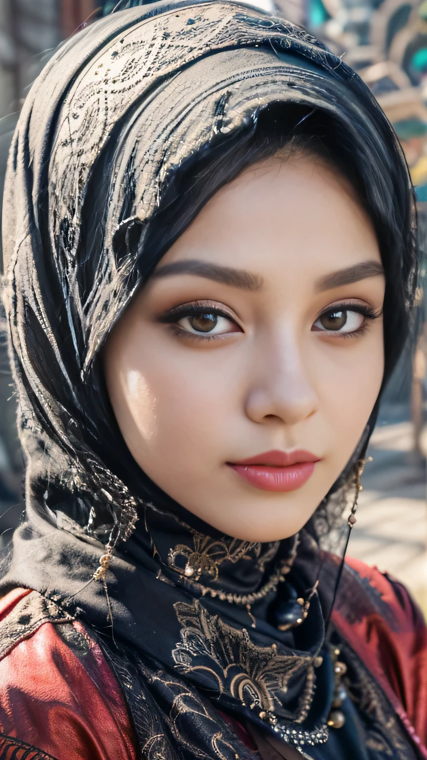 (best quality,4k,highres),vivid colors,close-up,beautiful eyes,beautiful detailed lips,detailed eyelashes,expressive face,confident expression,modern muslim woman,hijab fashion,colorful background,stylish accessories,striking red jacket,contrast with background,graceful posture,indoor setting,fashionista,proud of her heritage,joyful mood,fashion-forward,girlpower,strong and independent woman,positive attitude,eyebrows on fleek,professional makeup,contemporary fashion,emphasize the eyes,flawless skin,shimmering lipstick,high-quality photography,portrait photography,hijab style inspiration,empowered and elegant,lens flare effect,soft lighting,studio shot,embrace diversity,celebrate individuality,cultural pride.