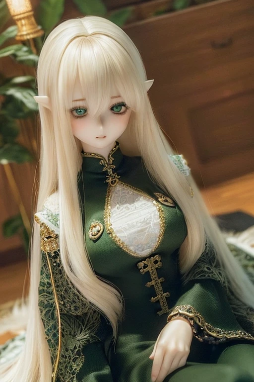 photorealistic, realistic photo, ((highest quality)), ((masterpiece)), (extremely detailed), kukolnydom, doll, (mature woman:1.7), solo, full body, sitting on sofa, green eyes, (looking down, blank eyes, empty eyes, detailed eyes:1.3), light smile, dress, museum, 8k