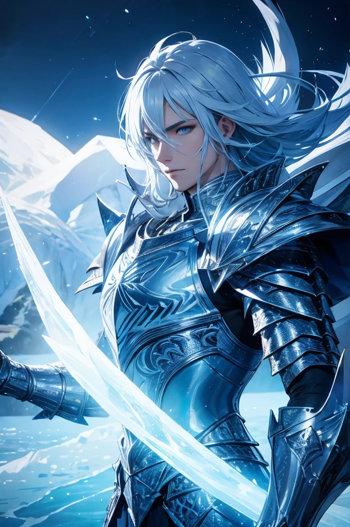 Ice knight, beautiful man with fine armor, intricate design, ocean blue details, silk, cinematic lighting, 4k, floating hair, sharp, prism, shining knight. Man with details armor.