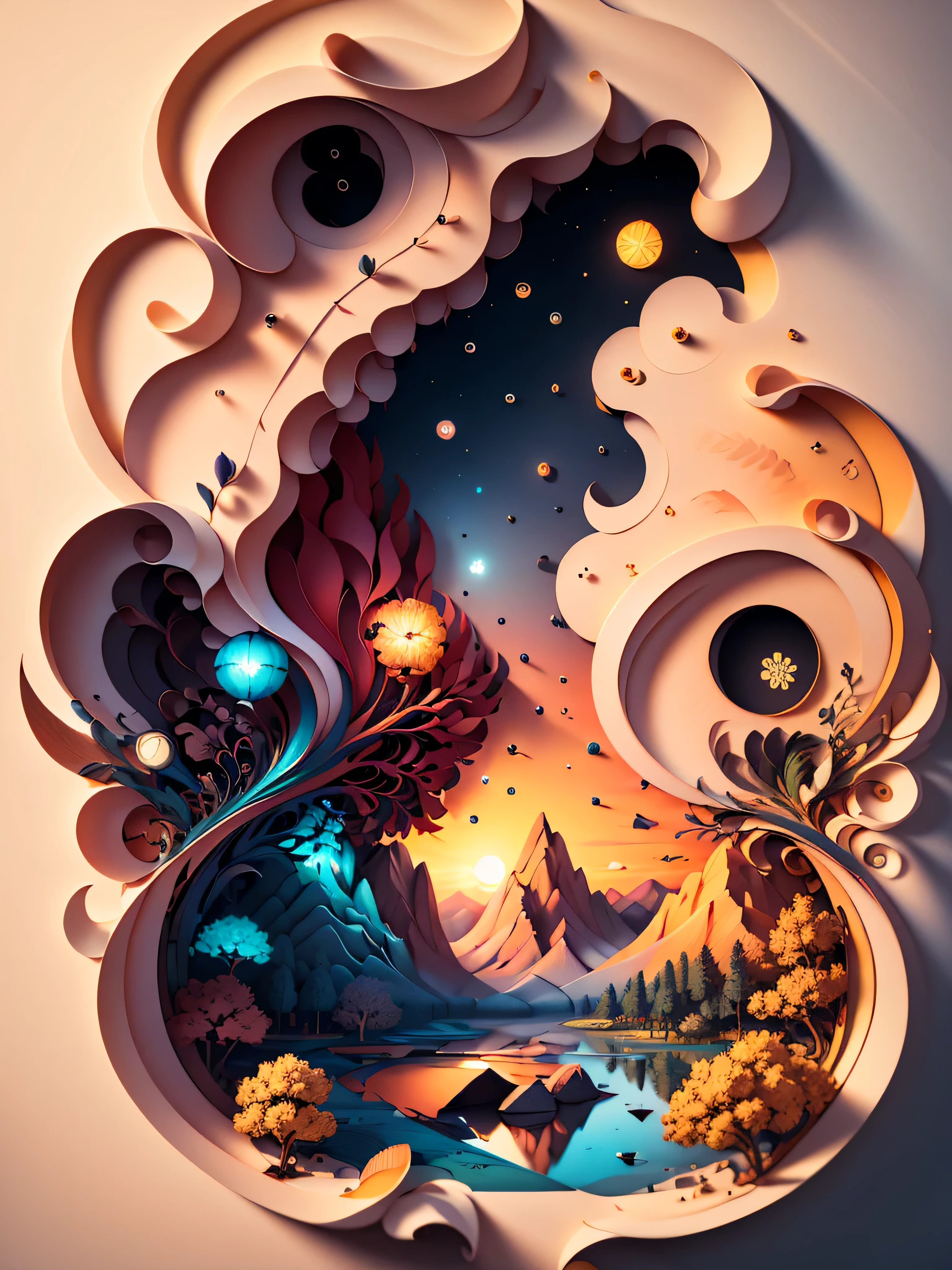 (((masterpiece))),best quality, illustration, sunset, Water color painting, light background, best quality exquisite details,3d rendering,Octane render, pastel, paper_cut.