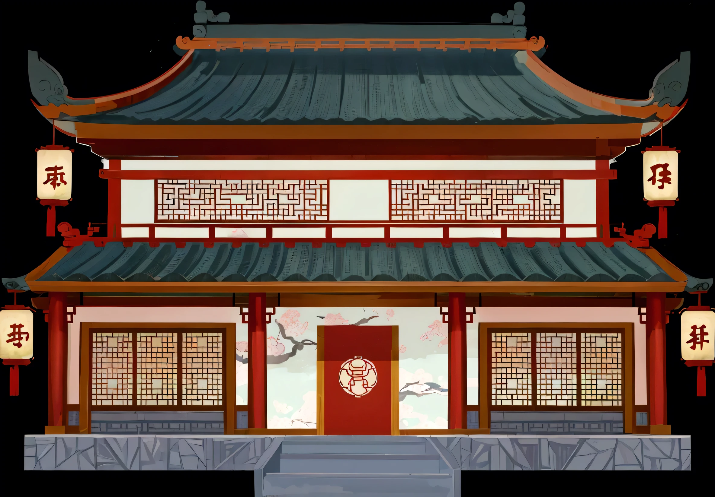 illustration of a traditional chinese building with a red door and a green roof, temple background, chinese building, zen temple background, background depicting a temple, digital painting of a pagoda, japanese house, house background, japanese temple, artwork in the style of z.w. gu, an extremely detailed building, palace background, buddhist temple, chinese palace