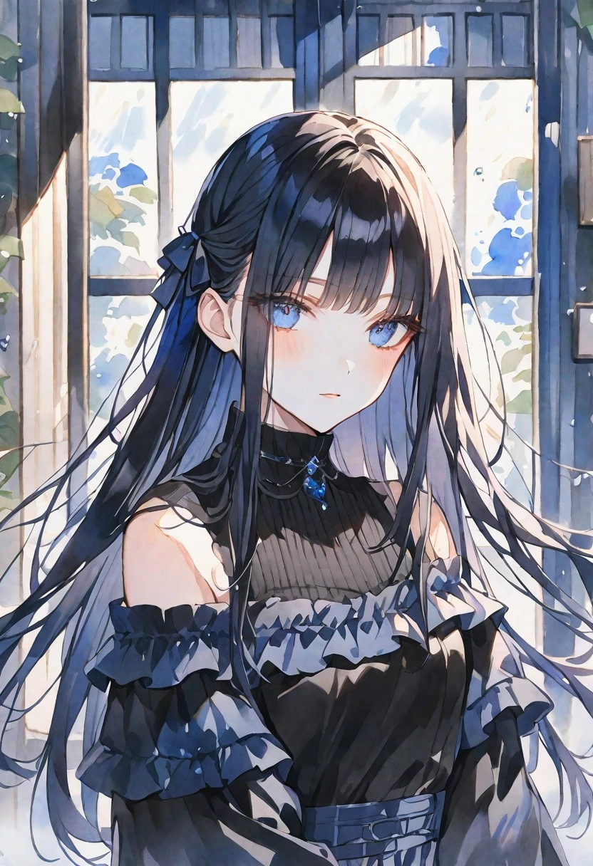 solo, handsome, Watercolor,
1. Female,
Hime cut,Straight Hair,long Hair, ツインテール,
black hair,
blue Eyes,Soft look,Lolita,
black Off Shoulder,Thin knit,
skin,雨,虹,
Stylish bar background,