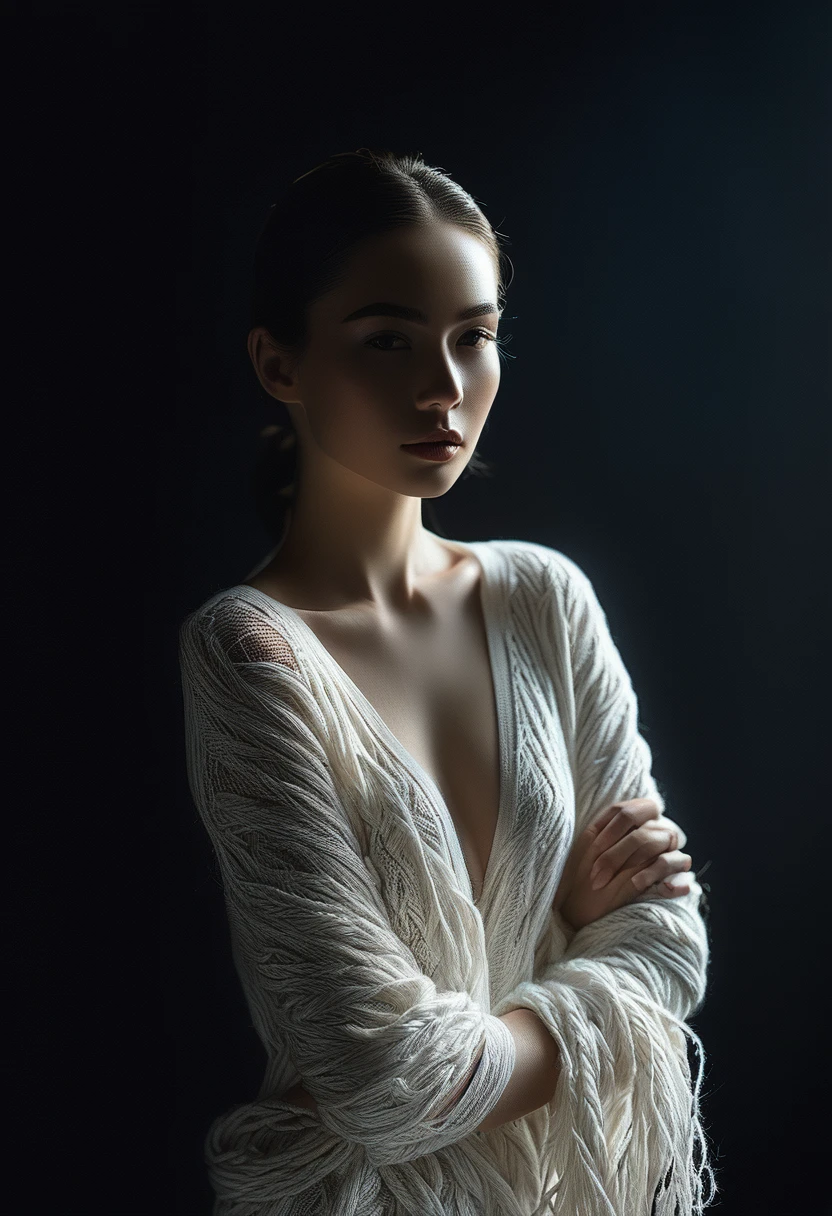 Female Model,Dark background,Backlight,Long white yarn,Michal Katz Style,Ultra-fine details,photography,4K