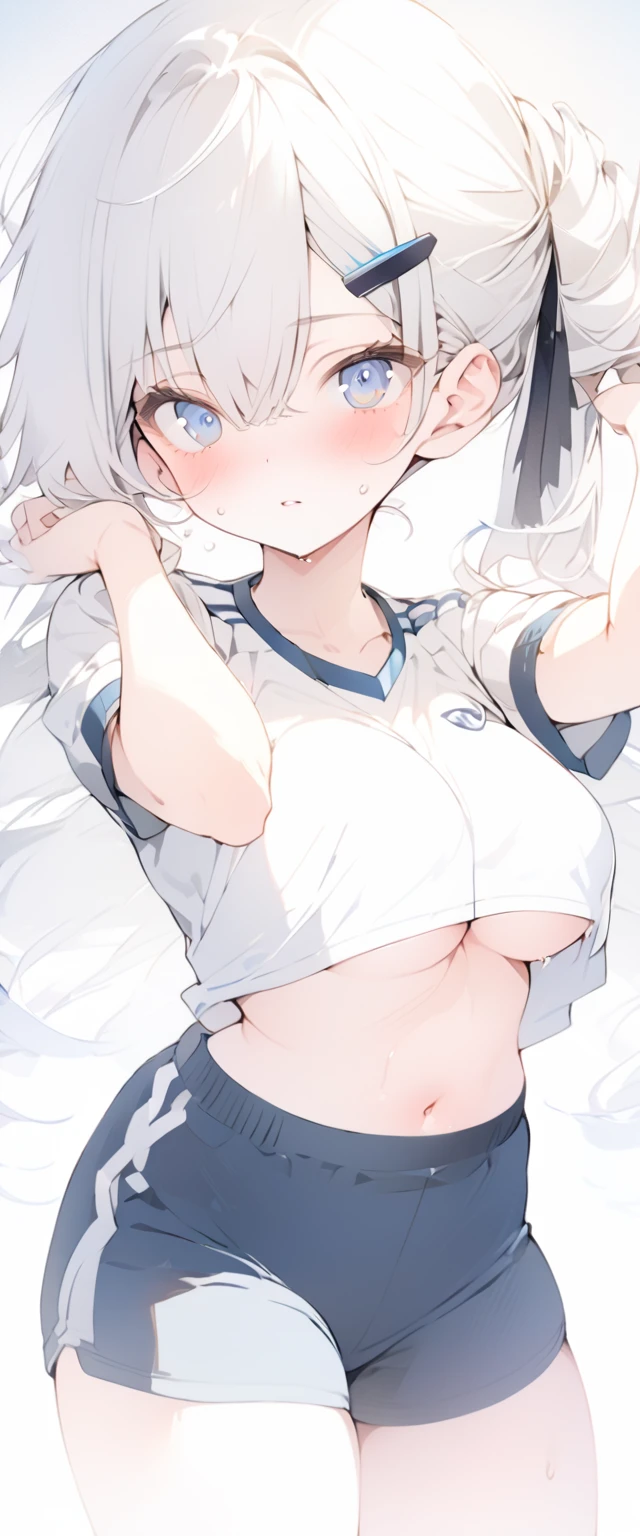 stomach, masterpiece, Highest quality, anime, One girl, C Cup,Portrait Shot, View your viewers, Covered、短stomach髪、nearby、Blue Eyes、art、、White hair,Blue streaked hair、hairpin、可愛stomach笑顔、Thighs、Cute、Sweat、Volleyball uniform、Shorts、navel、gym、Separate outfit、stretch、Underboob