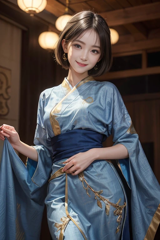 A smile full of happiness、((looks happy:1.3))、、Breathless face、Missing、sweating、Expression of the state of excitement、short hair、Realistic,High resolution,Soft Light,1 Female,Lift your hips high, Large Breasts, blue eyes, Expensive Gemstones, (Elegant and sexy fabric small indigo and gold traditional costume),Beautiful 20 year old Japanese woman,((slender)),