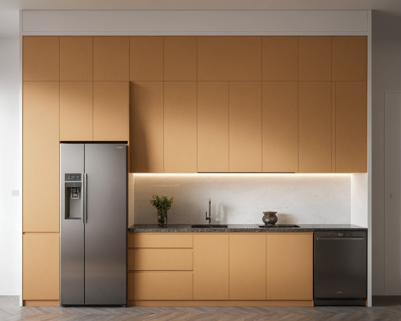 Raw photo,Masterpiece, high quality, best quality, authentic, super detail, interior, KITCHEN CABINETS style modern, sunset, day light, HIGH CEILING KITCHEN CABINETS, REFRIGERATOR, INDUCTION KITCHEN, EXHAUST, WOODEN