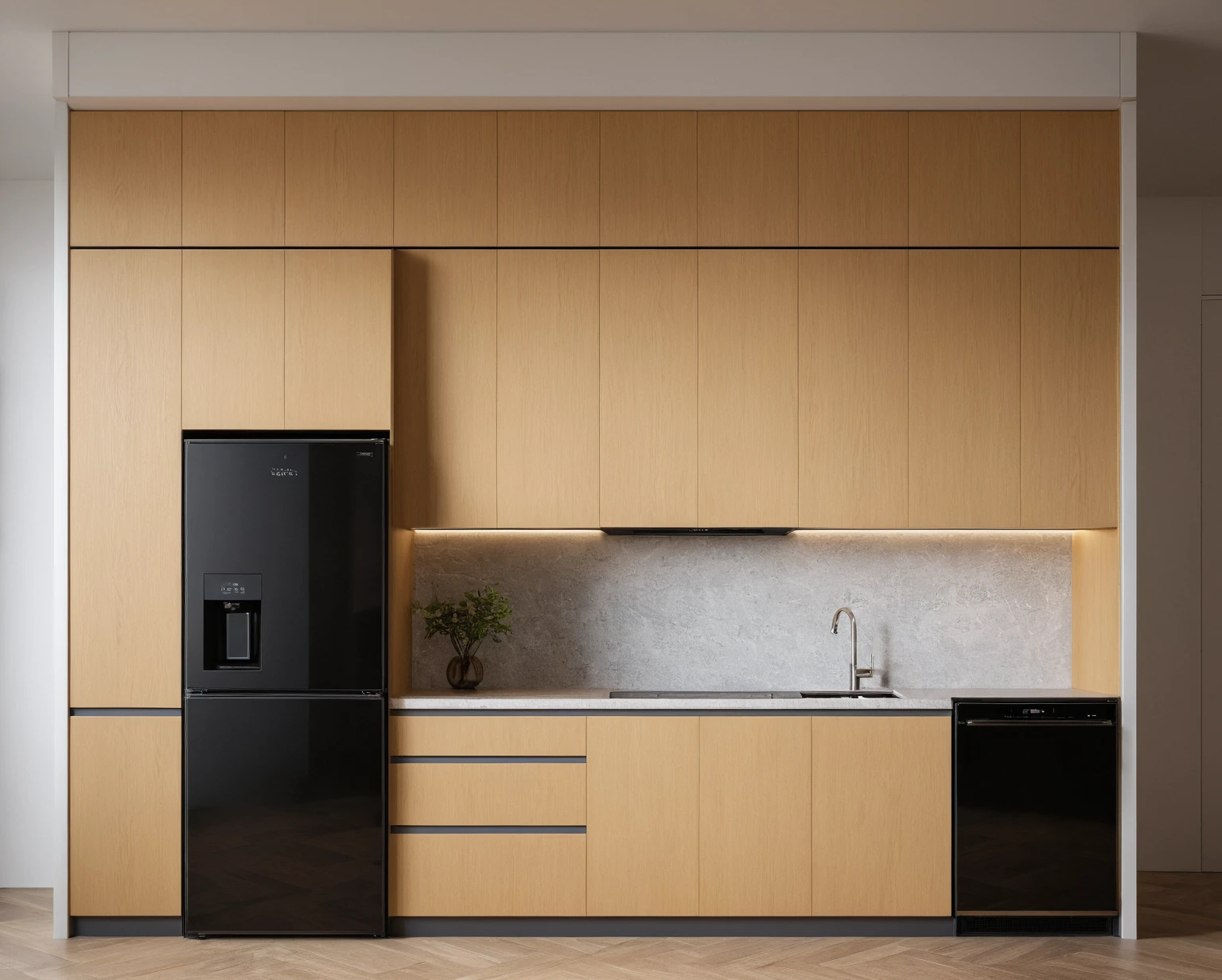 Raw photo,Masterpiece, high quality, best quality, authentic, super detail, interior, KITCHEN CABINETS style modern, sunset, day light, HIGH CEILING KITCHEN CABINETS, REFRIGERATOR, INDUCTION KITCHEN, EXHAUST, WOODEN