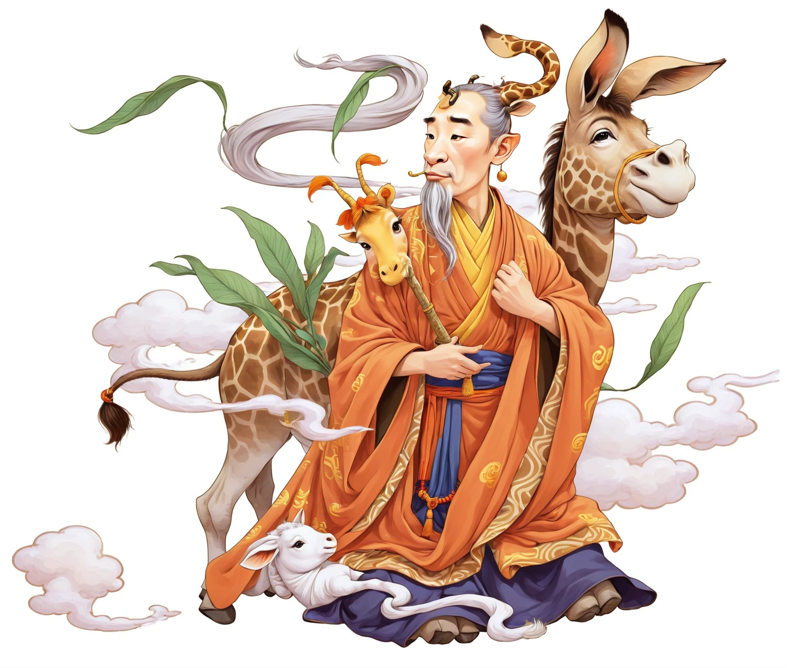A giraffe and a donkey，There is another man on the blanket, Chinese Mythology, Inspired by Hu Zaobin, Full color illustrations, author：Yang Borun, guan yu, Taoist priest, Journey to the West, Inspired by Huang Shen, Chinese Fantasy, Inspired by Wu Daozi, by Qu Leilei, feng shu, sha xi