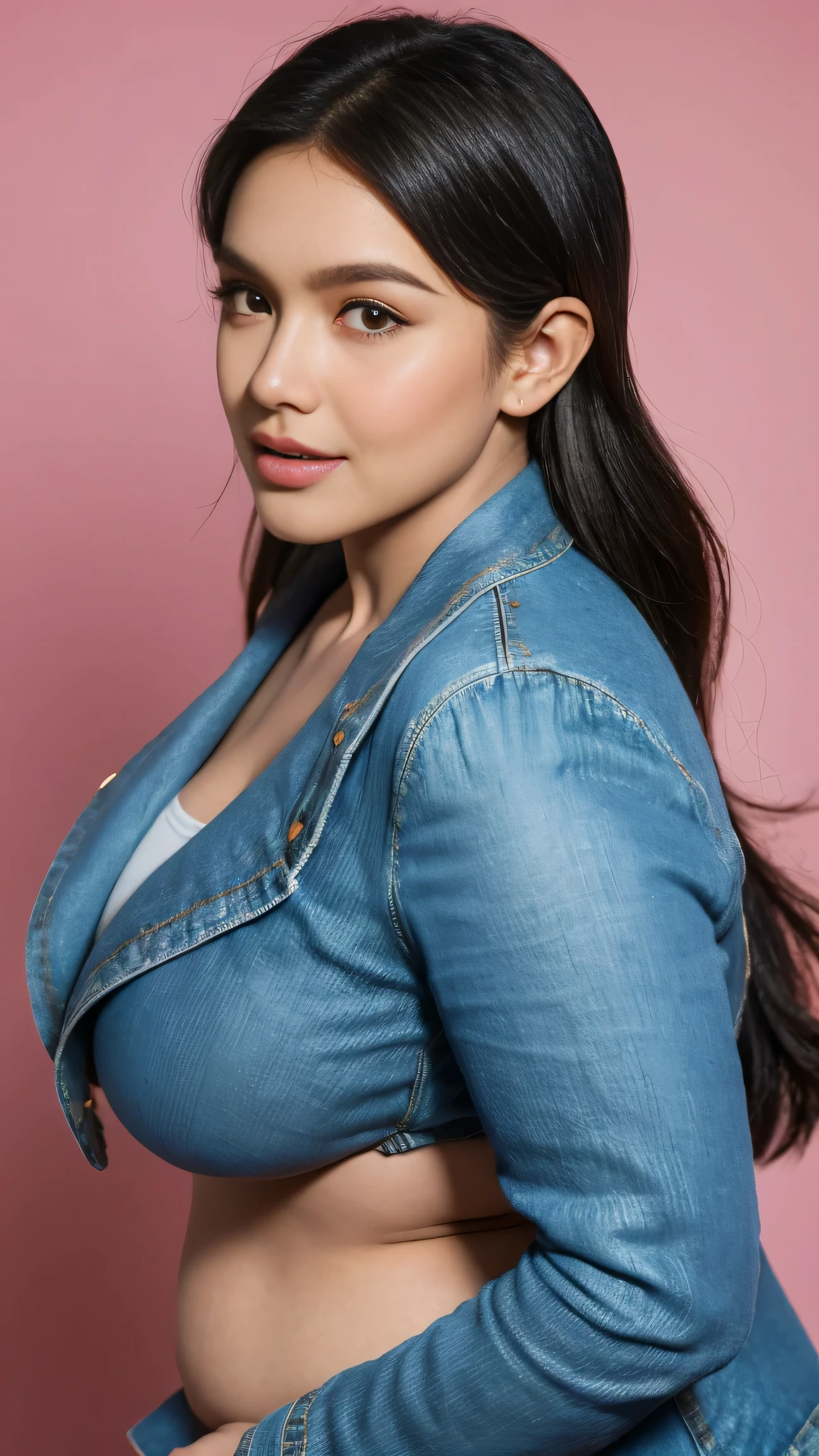 Vogue style side view photo shoot of 1 malay 20years old young woman wear (( jeans jacket, no bra, open jacket )) with pastel colours background in Wes Anderson style, ((cleavages)),detail skin texture, detailed face, saggy breast, dark , camel toe, heavy big breast, big round ass, wide hips, thick thighs, beer belly, curvy, view from side, hyper - realistic photography, Wes Anderson style, full body, 8k, close - up shot, extreme close - up photo, ((looking at viewer)), shiny wavy black hair