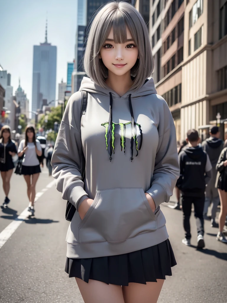 (8K, RAW Photos, Highest quality, masterpiece:1.2), (Realistic, photo-Realistic:1.4), (Highly detailed 8K wallpapers), ((Full Body Shot)), (1 girl), Sharp focus, Depth of written boundary, Cinematic lighting, Soft Light, 緻密な美しさのeye, eye_Chan, Very beautiful 17 year old girl, innocent big eyes, Realistic, photo Realistic, Highly detailed cute girl, (Thin thighs), (Model Body Type), 18-year-old, ((Monster Energy Hoodie)), (Black Micro Mini Pleated Skirt), (((Reach into your hoodie pocket))), ((A happy smile)), Parted lips, Watching the audience, (On the streets of New York) , (Ash grey hair),(Long Bob Hair), (Asymmetrical bangs)