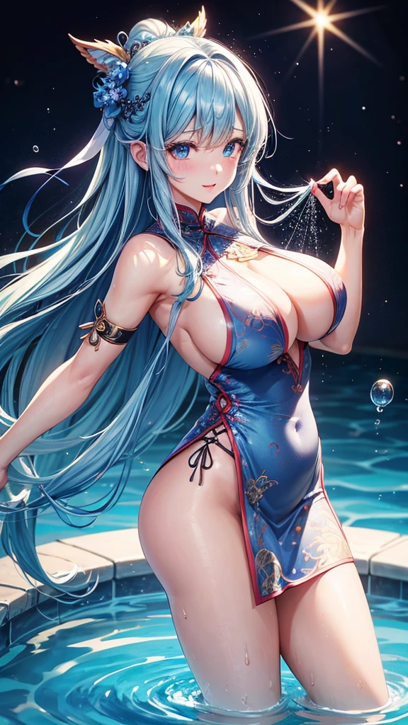 She is touching her clit in her Chinese dress、8K、、Highest quality、Tabletop、Ultra HD、Ultra-detailed、so beautiful、Ultra-detailed髪質、so beautiful、Portrait、Esbian all over、Captivating look、Beautiful woman、Long Blue Hair、blue eyes、Glowing Skin、bursting breasts、Very large breasts、Very big ass、Water droplets running down the skin、The background is a great night pool、naked、Excessive pubic hair growth、Two arms、Two Legs、I can see the、blush、She looks like she's feeling good、Detailed and high resolution clothing fabric
