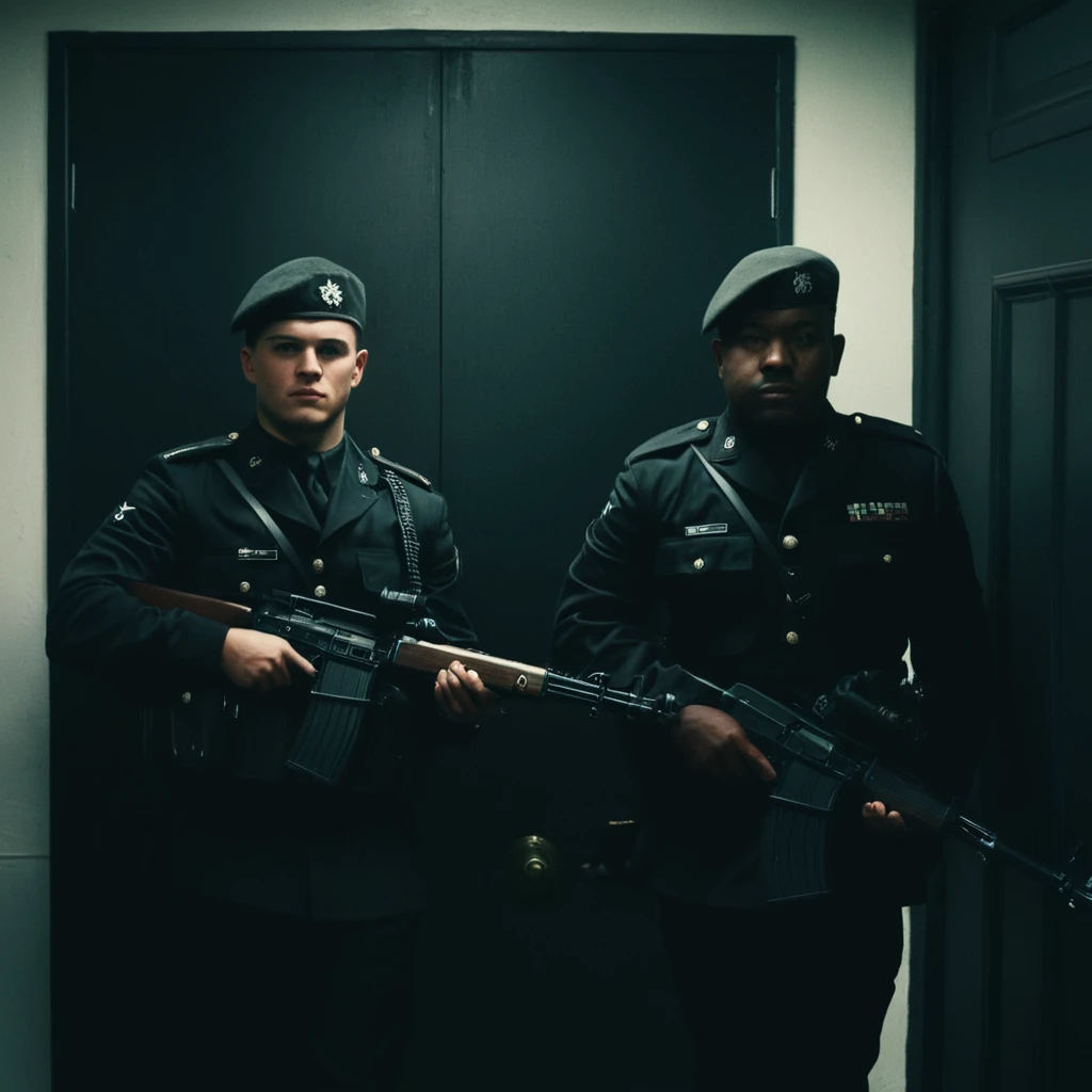 Two soldiers, Black uniform, rifles on the shoulder, guarding the door, office security, cinemascope, moody, epic, gorgeous, film grain, grainy