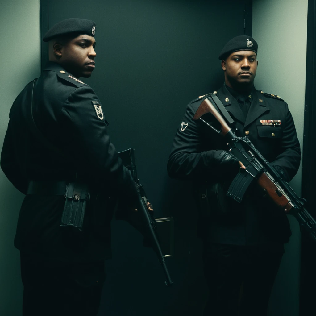 Two soldiers, Black uniform, rifles on the shoulder, guarding the door, office security, cinemascope, moody, epic, gorgeous, film grain, grainy