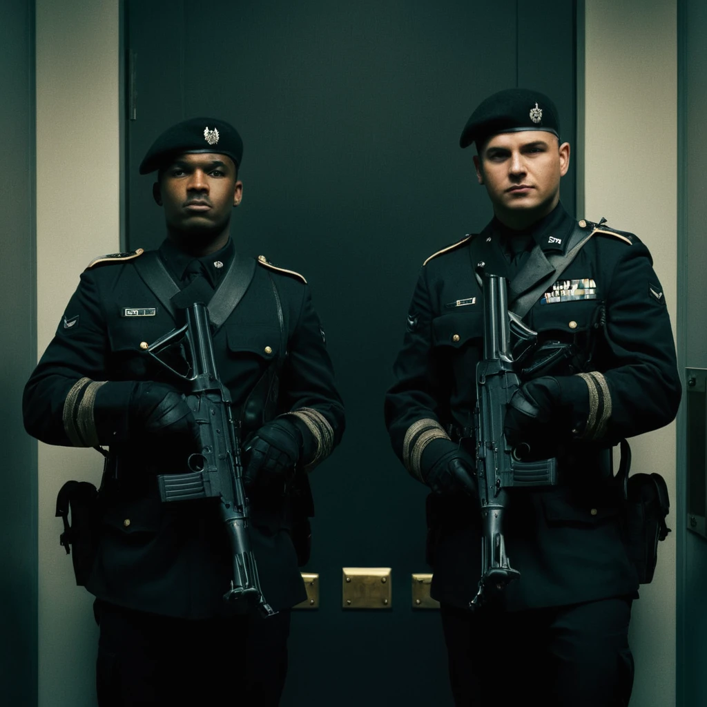 Two soldiers, Black uniform, rifles on the shoulder, guarding the door, office security, cinemascope, moody, epic, gorgeous, film grain, grainy