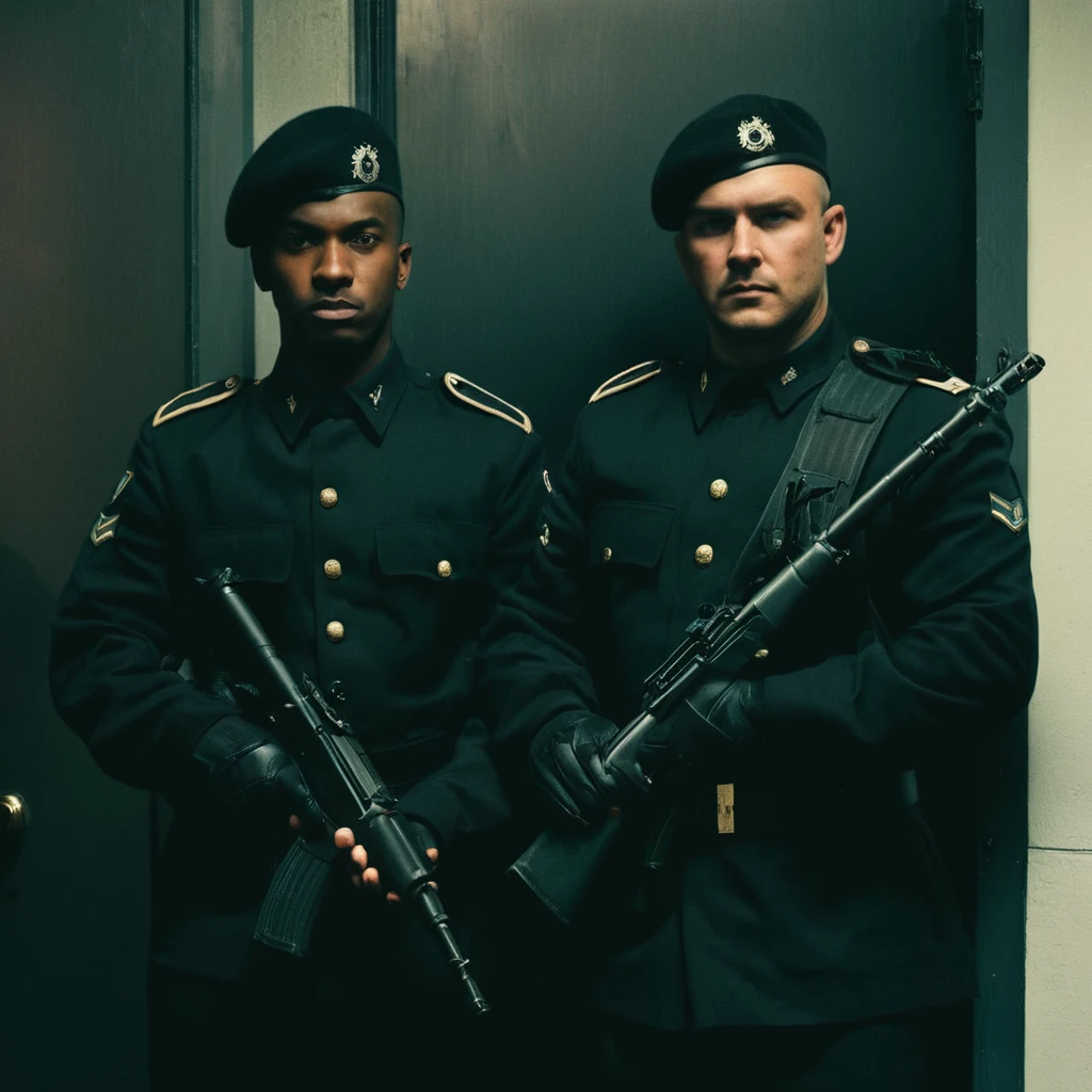 Two soldiers, Black uniform, rifles on the shoulder, guarding the door, office security, cinemascope, moody, epic, gorgeous, film grain, grainy