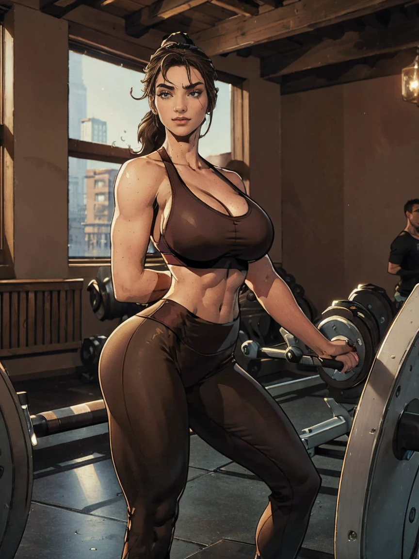 (masterpiece, top quality, best quality, official art, beautiful and aesthetic:1.2), (1girl:1.3), (gorgeous face), light freckles, fair skin, brown hair, extremely detailed, portrait, looking at viewer, solo, (full body:0.6), detailed background, close up, (airy modern theme:1.1), extremely busty gym girl, ponytail, big lips, arched back, flexing her bicep, charlatan, smirk, mysterious, sstanding in the gym, sports bra, leggings, headphones, wet, workout gear, weight machines, windows, modern gym, well-lit, thin and toned physique, gigantic breasts, cleavage, skindentation, slim waist, slim hips, long legs, modern (gym interior:1.1) background, dark mysterious lighting, shadows, magical atmosphere, dutch angle,