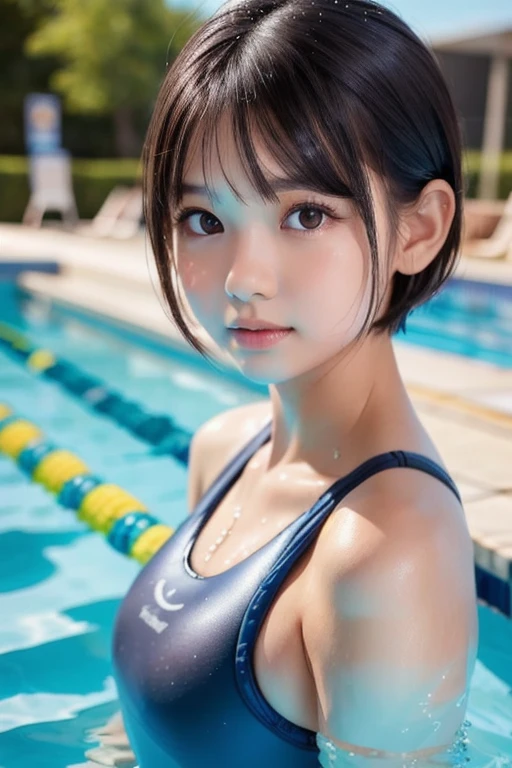 one girl, (a beauty girl, delicate girl:1.3), (12 years old:1.3),((Wet school swimsuit)) (Navy school swimsuit:1.3),((Cute pose)) ,Very detailedな明瞭さ, (Symmetrical eyes:1.3), (School swimming pool, indoor:1.3), Small breasts, Brown eyes, ((very beautiful short black hair)),((Pixie Cut))、 Brown Hair, girl,, (Eye and facial details:1.0),, (masterpiece, Highest quality, Very detailed, Detailed face, 8K)