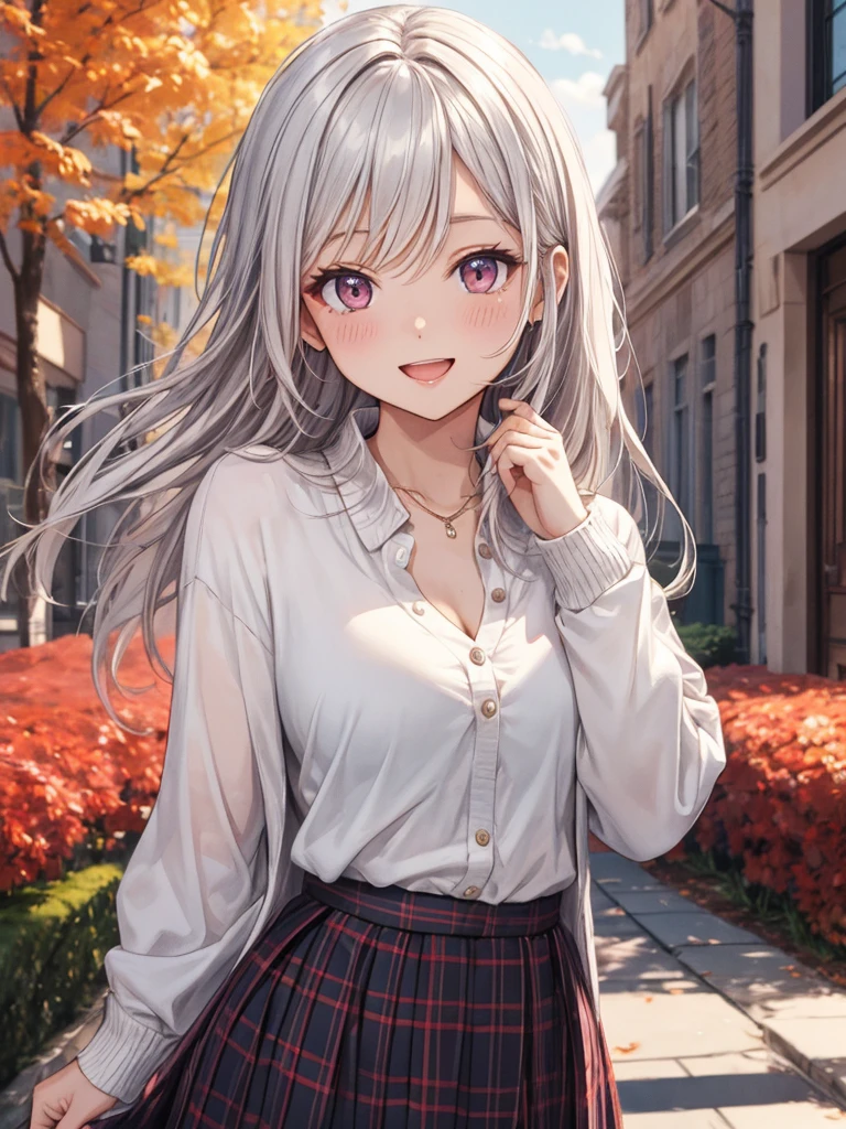 super fine illustration,vibrant colors, masterpiece, sharp focus, best quality, depth of field, cinematic lighting,ultra detailed,1female,solo,cardigan,white blouse,plaid skirt,long hair,silver hair,red eyes,blush,smile,open mouth,outdoors,autumn