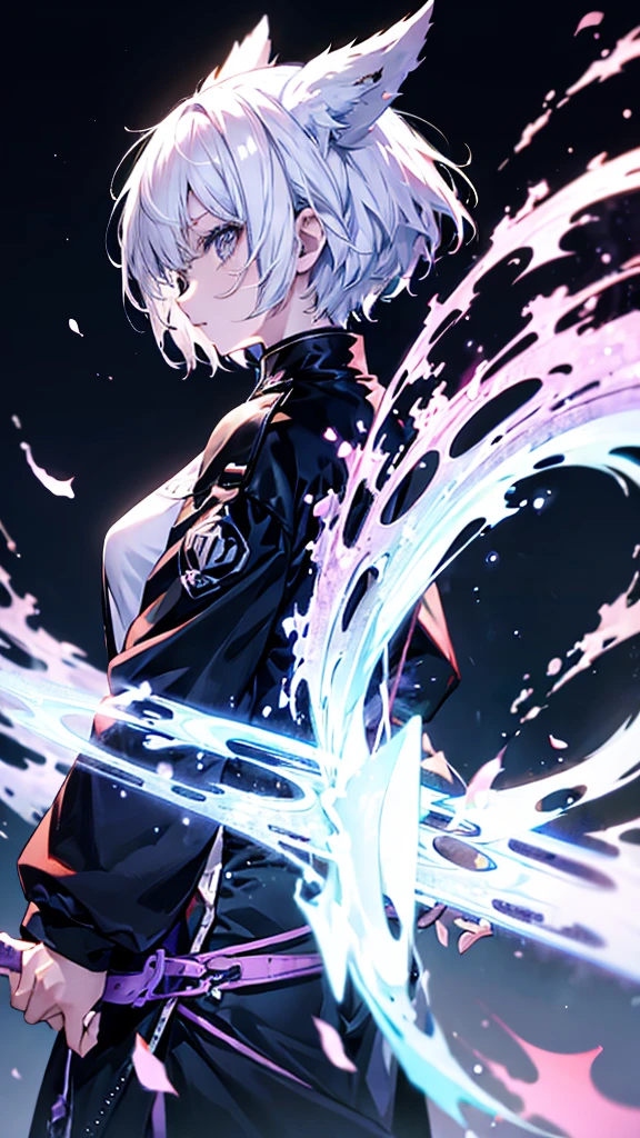 profile background, anime girl, serious face, fringe, short white hair, eyes purple, martial arts clothing, high-res portrait, detailed eyes and face, character, fantasy, with a blue dragon behind, advanced urban, looking from behind at viewer, 4K, high resolution