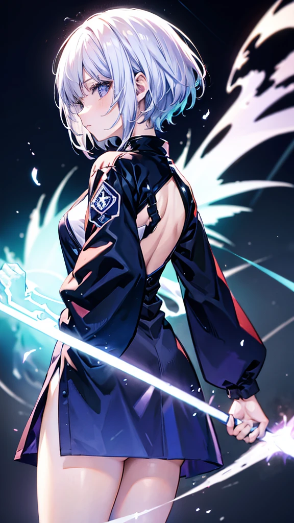 profile background, anime girl, serious face, fringe, short white hair, eyes purple, martial arts clothing, high-res portrait, detailed eyes and face, character, fantasy, with a blue dragon behind, advanced urban, looking from behind at viewer, 4K, high resolution