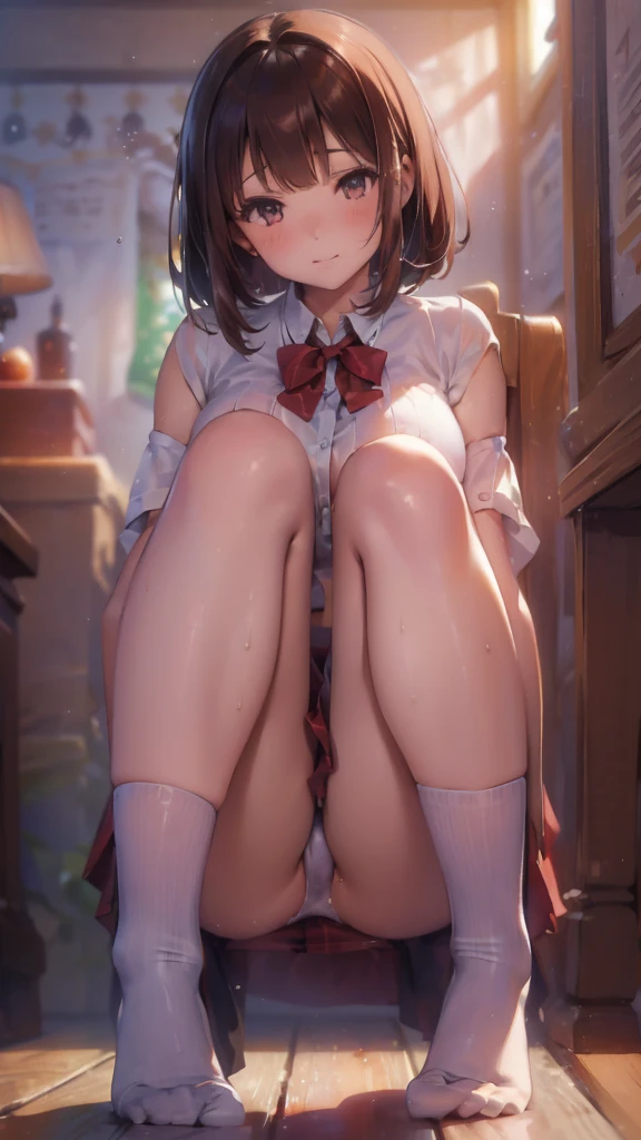 (Two Girls), (Highest quality), (Super detailed), (Detailed light), (Very delicate and beautiful), Brown Hair, Brown eyes, model, (Beautiful big boobs:1.3), Bare shoulders, (Bare Chest:1.2), (High School Uniform, Pleated skirt:1.3), (High with wide open breasts:1.4), Highest quality, Highly detailed CG synthesis 8k wallpaper, High resolutionRAWカラー写真, Professional photography, (((Bokeh))), Depth of written boundary, Beach, Ocean, Twilight, sunset, White panties、Brown Loafers、smile、Bright classroom、(((alone))),(((1 girl))), Slim and beautiful thighs, Highly detailed skin, masterpiece, Highest quality, 非常にDetailed face, Vibrant colors, Depth of written boundary, Cinema Lighting,, One girl, alone, Brown eyes, Brown Hair, hair ornaments,short hair,Red Check Skirt,blush, White shirt, masterpiece Highest quality High resolution、Sit with your knees bent、Beautiful feet 、On campus、As if looking up from below、Embarrassing,Browsing Caution,White panties,Camel Toe、((Tabletop, Highest quality, High resolution, Pixel perfect, 4K, ))), 1 Girl, single, alone, Beautiful woman、I could see the whole body、 ((Short Wavy Hair, bangs, Brown Hair)), ((Brown eyes, Beautiful eyelashes, Realistic eyes)), ((Detailed face, blush:1.2)), ((Smooth texture:0.75, Realistic texture:0.65, Realistic:1.1, Anime CG Style)), Medium chest, Dynamic Angle, Perfect body, ((school uniform, White shirt, Red Skirt, Unbuttoned shirt、Red Check Skirt、White socks)), An empty classroom、Sit at a desk、I took my feet off the desk.、smile、(Lift up your skirt with your right hand、Spread your legs、Knees wide open、white lace panties)、、(Cute Bra)、Angle from below