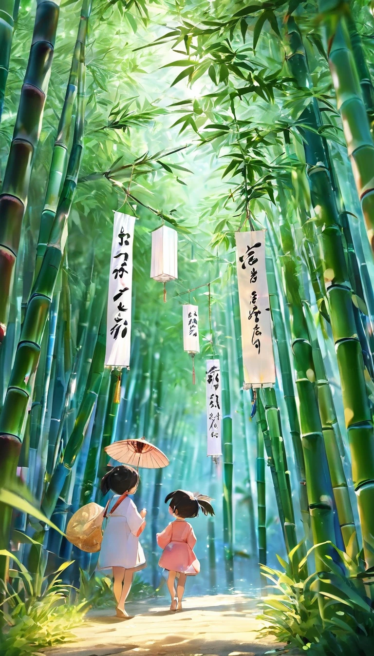 Three parents and children celebrating Tanabata, father,mother, daughter, yukata,early summer, injuly, night, bamboo forest, Riverbank, Bamboo with strips of paper hanging from it, Small rectangular pieces of paper with written characters are hung on bamboo branches, night空には天の川