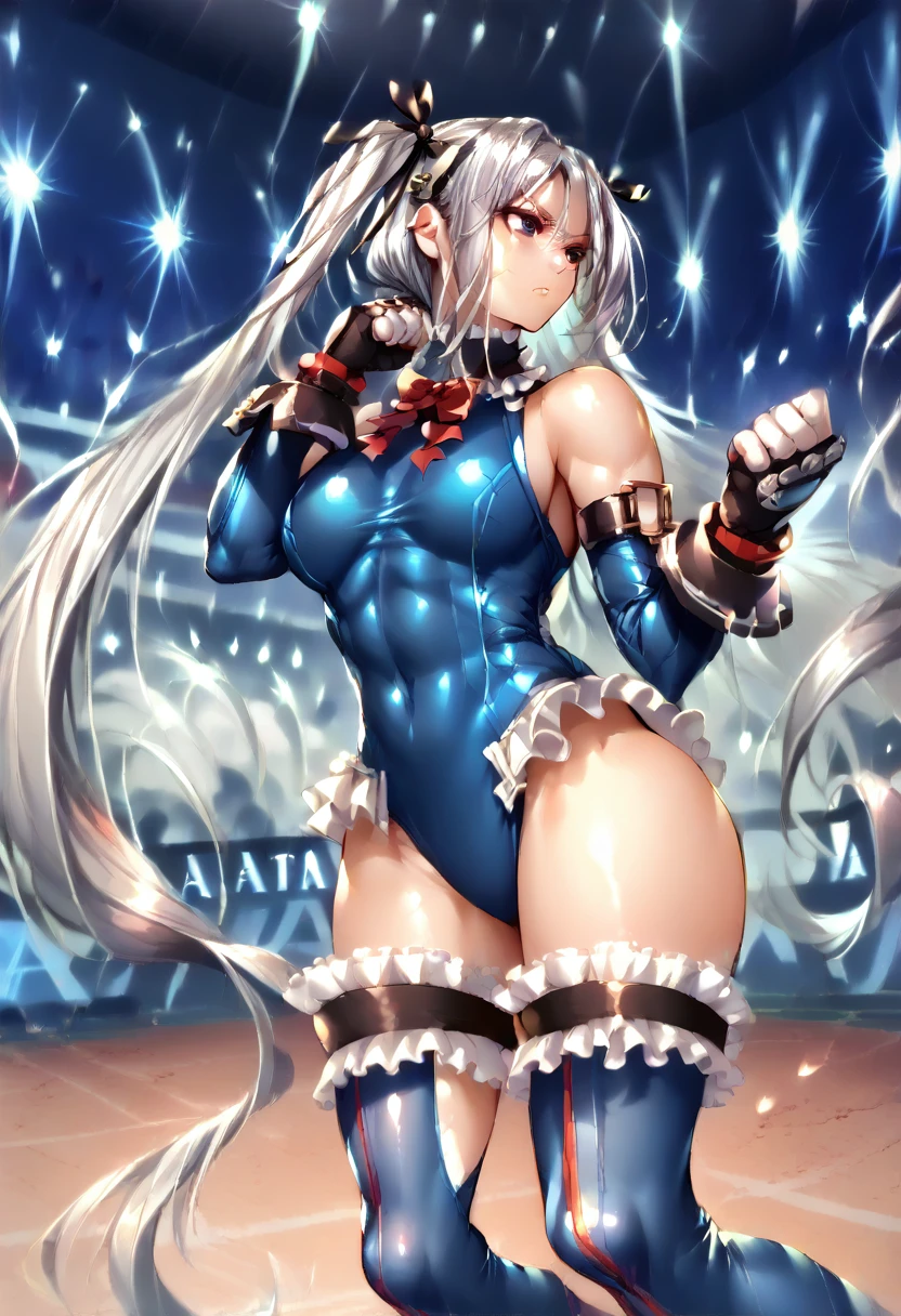 1girl,fight pose, doaMarie, blonde hair, twintails, hair ornament, hair ribbon, frilled choker, red bowtie, blue one-piece swimsuit, frilled swimsuit, blue sleeves, detached sleeves, gloves, blue thighhighs, frilled thighhighs, standing,(Silver Hair:1.4),Very long hair,(Arena:1.4), 