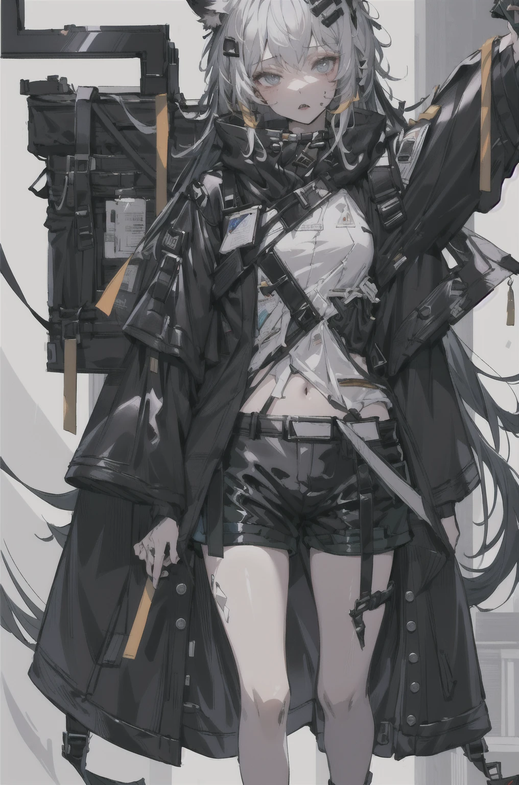 8K,high resolution,absurd,masterpiece,best quality,The original,Extremely detailed CG,Extremely detailed wallpaper,Perfect lighting,1 Girl,Vague_background,
(hutaodef:1.2),Black shorts,black h在 with h在 ,Regular Clothes,white background