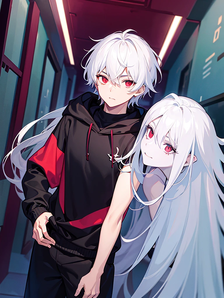 A front of a young man with white hair, red eyes. He is wearing a black hoodie with purple details. Dungeons and Dragons art direction, studio ghibli Style,