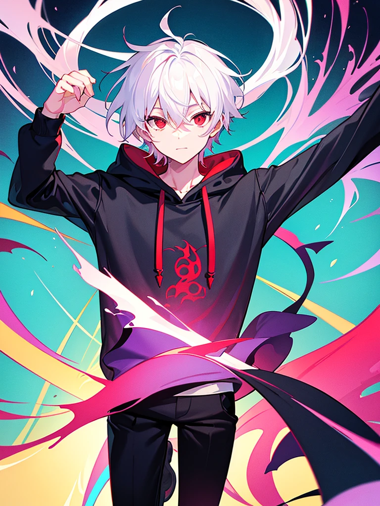 A front of a young man with white hair, red eyes. He is wearing a black hoodie with purple details. Dungeons and Dragons art direction, studio ghibli Style,