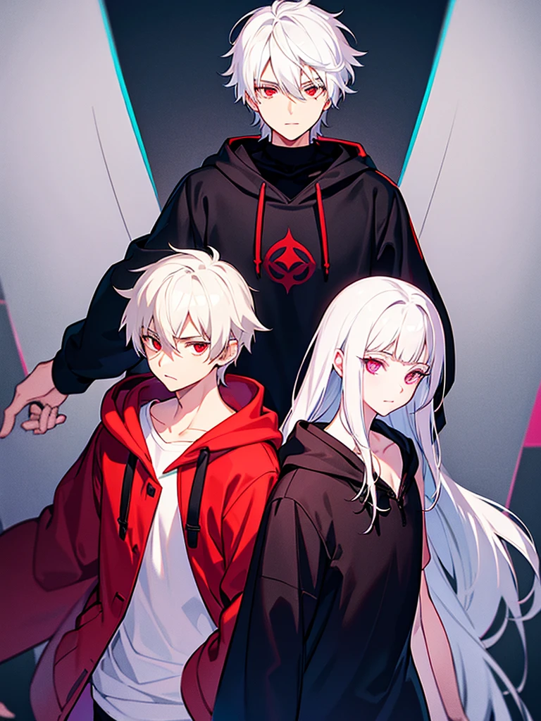 A front of a young man with white hair, red eyes. He is wearing a black hoodie with purple details. Dungeons and Dragons art direction, studio ghibli Style,
