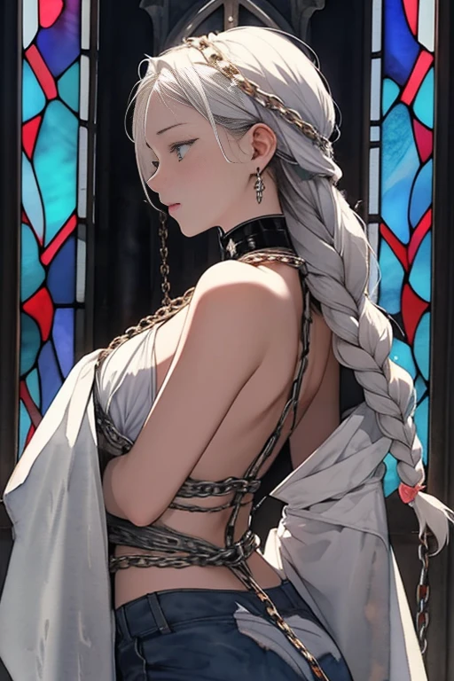 {(watercolor image:1.4),(renaissance style:1.2)}, BREAK, {erotic face,anguish,scream,(very very ecstasy:1.2),(writhing:1.4)},embarrassing,half open eye},{(very obscene pose:1.2),(arched back:1.2),(arch one's head:1.4),arms behind}, {(gray fundoshi:1.2), (wet clothes:1.1)}, BREAK, {(many Chains from all sides:1.4),(chains around the body:1.2), {(crotch chain shibari:1.2),(chain shibari:1.3),(chain bondage), (chain restraint),(chain bind limbs),(chain bind body),(chain in collar)):1.2, confinement, shackles}, BREAK, {(1 woman, small breasts), braid hair intricately},side view, {(dark church glowing stained glass:1.2)},BREAK,{glowing big tears,(enchanting eyes:1),extremely detail hair, (pure white skin:1.1)}
