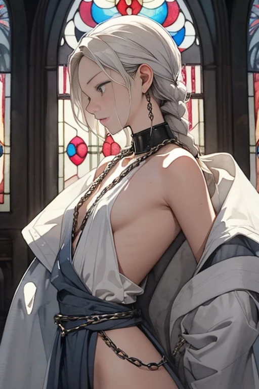 {(watercolor image:1.4),(renaissance style:1.2)}, BREAK, {erotic face,anguish,scream,(very very ecstasy:1.2),(writhing:1.4)},embarrassing,half open eye},{(very obscene pose:1.2),(arched back:1.2),(arch one's head:1.4),arms behind}, {(gray fundoshi:1.2), (wet clothes:1.1)}, BREAK, {(many Chains from all sides:1.4),(chains around the body:1.2), {(crotch chain shibari:1.2),(chain shibari:1.3),(chain bondage), (chain restraint),(chain bind limbs),(chain bind body),(chain in collar)):1.2, confinement, shackles}, BREAK, {(1 woman, small breasts), braid hair intricately},side view, {(dark church glowing stained glass:1.2)},BREAK,{glowing big tears,(enchanting eyes:1),extremely detail hair, (pure white skin:1.1)}