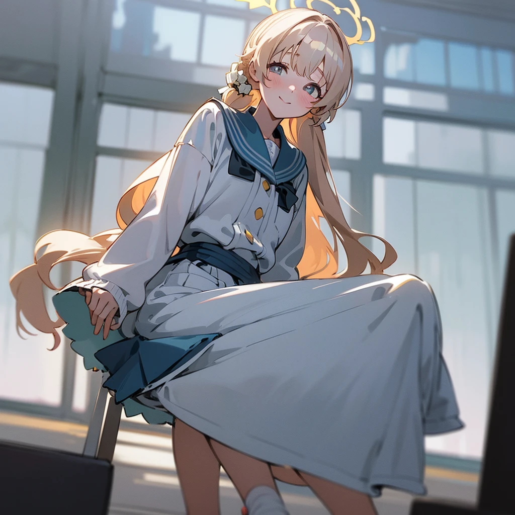 1 girl, masterpiece, best quality, Amazing, beautiful detailed eyes, finely detailed, depth of field, extremely detailed CG unity 8k wallpaper, full body, Hifumi (Blue Archive), halo, Default Clothes, Classroom, smile ,blush, wind, teenage, Looking at viewer, sitting, window.