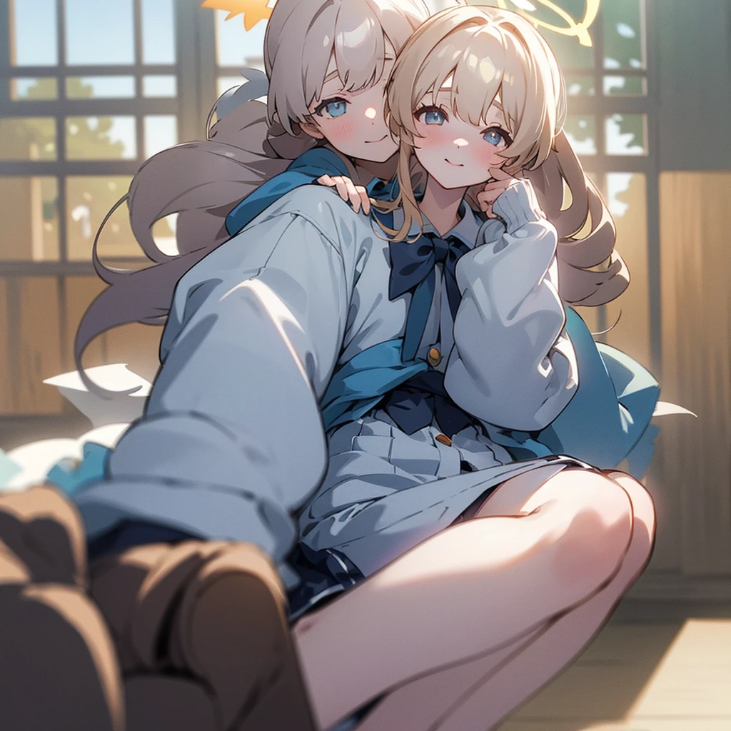 1 girl, masterpiece, best quality, Amazing, beautiful detailed eyes, finely detailed, depth of field, extremely detailed CG unity 8k wallpaper, full body, Hifumi (Blue Archive), halo, Default Clothes, Classroom, smile ,blush, wind, teenage, Looking at viewer, sitting, window.