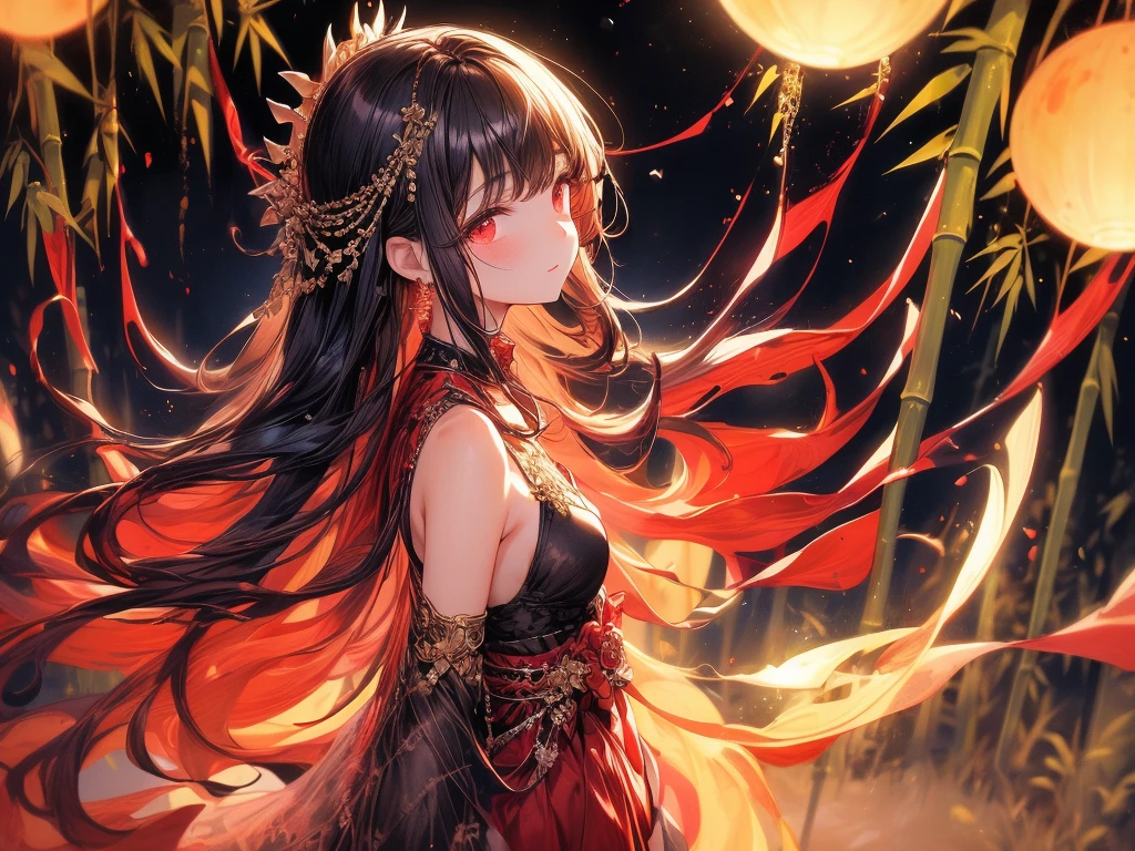 art by Cornflower,((1 girl)),(masterpiece),((highest quality)),(Perfect Anatomy),((arms behind side)),(beautiful and luxurious:1.2),Kaguyahime,facial expressions of happiness,small breasts,long black hair,Beautiful and exquisite red eyes,Beautiful red dress,multi layered fashion,Transparency,vivid tones,cinematic lighting,(Highly detailed 2D illustrations),((very delicate and beautiful)),Silky to the touch,(From the side),(sideways glance),like a dream and happiness atmosphere,(Standing in a forest full of bamboo),(full moon)