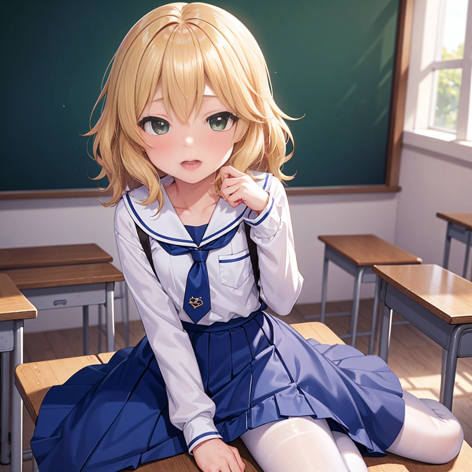 Highest quality,Highest quality,One girl,One boy,((((10 years old)))),Flat Chest,orgasm,blush, Sweat, Sakurai Momoka,Blonde,White Sarah Outfit,,Long skirt,whole body,classroom, White Pantyhose、Flipping up a navy blue skirt、Spread your legs