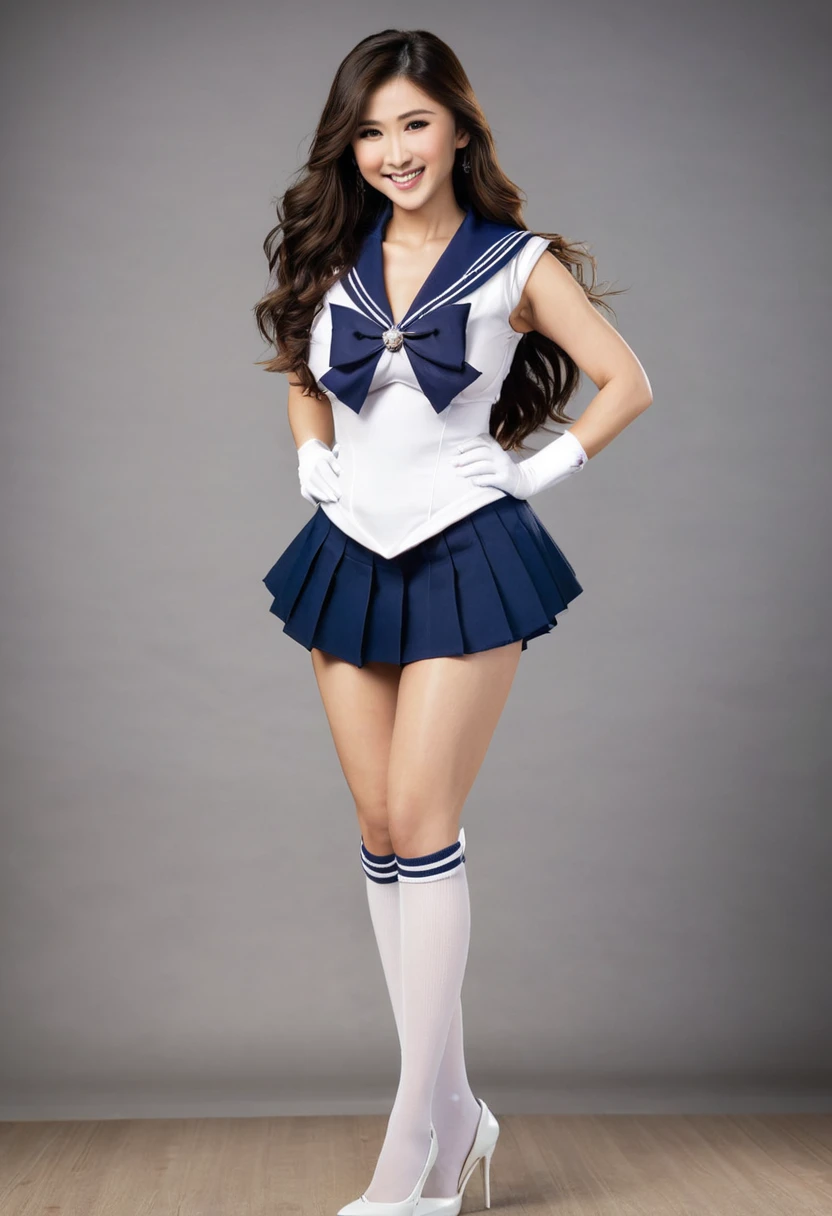 Beautiful asian woman, brunette, big breasts  ultra realistic, perfect face, long hair, full body photo, sexy smile, standing pose, elegant pose, sailor senshu outfit