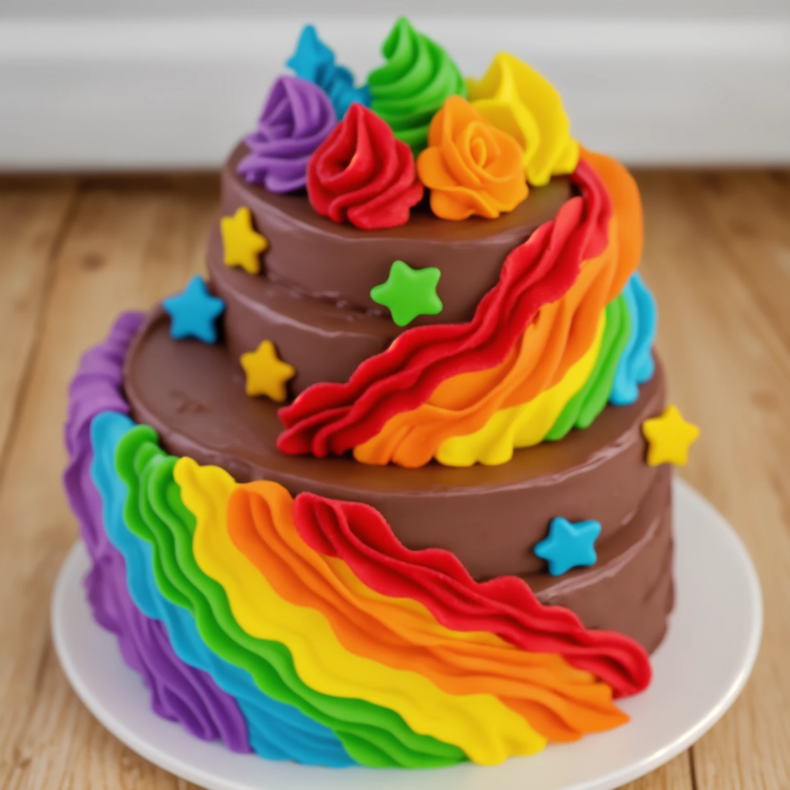 on a wooden table. there is a white plate. two-tier cake, chocolate cream cake, rainbow cream in the form of ruffles, decorated with rainbow stars made of polymer clay, multi-colored cream on top, against the background of the kitchen, Beautiful light from the window, Contour light, several light sources, beautiful lighting, Bright light source, bright lighting, beautiful light sources, Multiple light sources, Realistic style , realistic texture, detailed texture, A high resolution, high quality, beautiful photo of the cake, advertising photo, macro photography