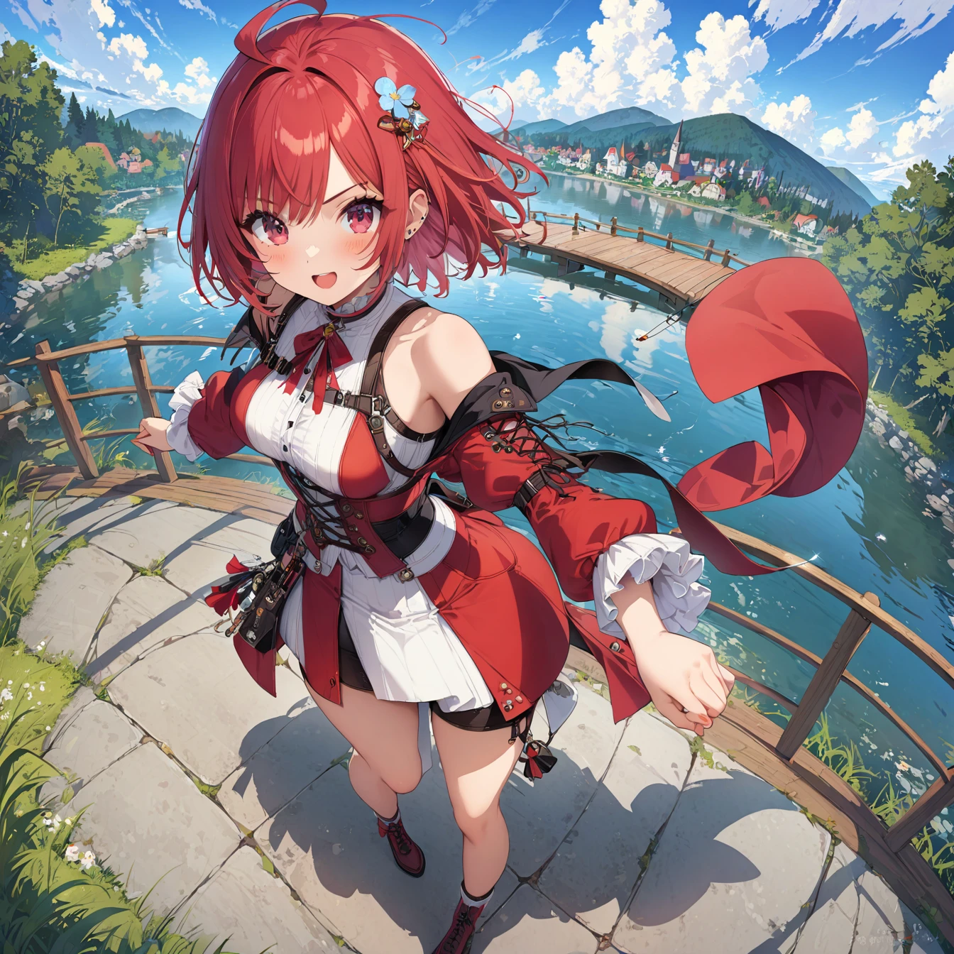 One girl,Super detailed,High resolution,masterpiece,by_style,boyfriend_Holding_hand,1. A girl holding hands with the audience,Walking while looking at me, Take a walk on the fishing bridge, From above,