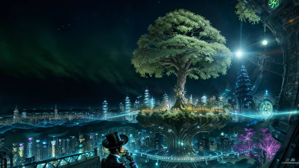 8K, Alien wearing a top hat and smoking a cigarette, Hyper, cyber punk, Made from ruins, Skyscraper, Taipei City, Painting of a tree with a bridge, Fantasy valley with trees, Highly detailed fantasy, Fantasy Tree, Colorful detailed dreamscape, Cosmic Tree of Life, Boy looking at pictures
