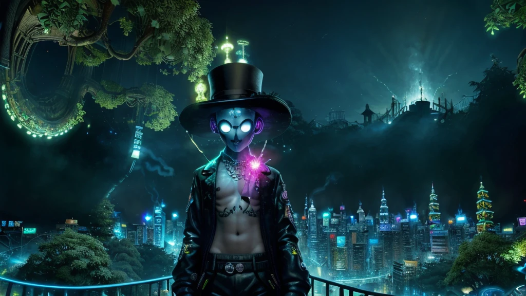 8K, Alien wearing a top hat and smoking a cigarette, Hyper, cyber punk, Made from ruins, Skyscraper, Taipei City, Painting of a tree with a bridge, Fantasy valley with trees, Highly detailed fantasy, Fantasy Tree, Colorful detailed dreamscape, Cosmic Tree of Life, Boy looking at pictures
