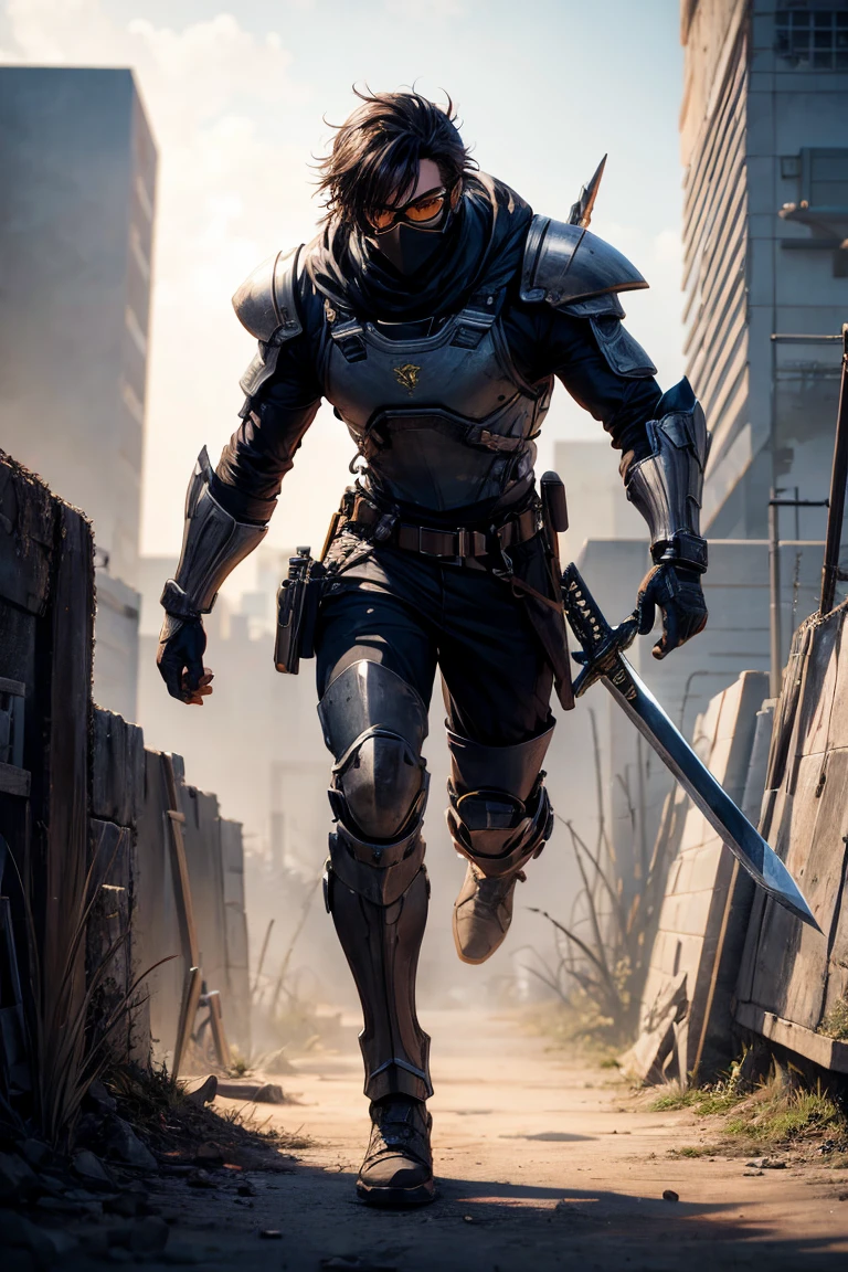 Best quality, masterpiece, 4K, 8K, wallpaper, game CG, concept art, Unreal Engine, 3D style, Octane Rendering, highly detailed CG, featured on ArtStation, character design, 1 boy, cute, Medium-Length Haircuts & Mid Fades hair style, wearing yellow protective hood, male warrior, superhero outfit, happy, running forward, cyberpunk, visor, sensor, sword, barren land, dry ground, dead trees, light cloudy sky, front view, full body, perfect lighting, Beeman character, holding a sword, wearing black glasses